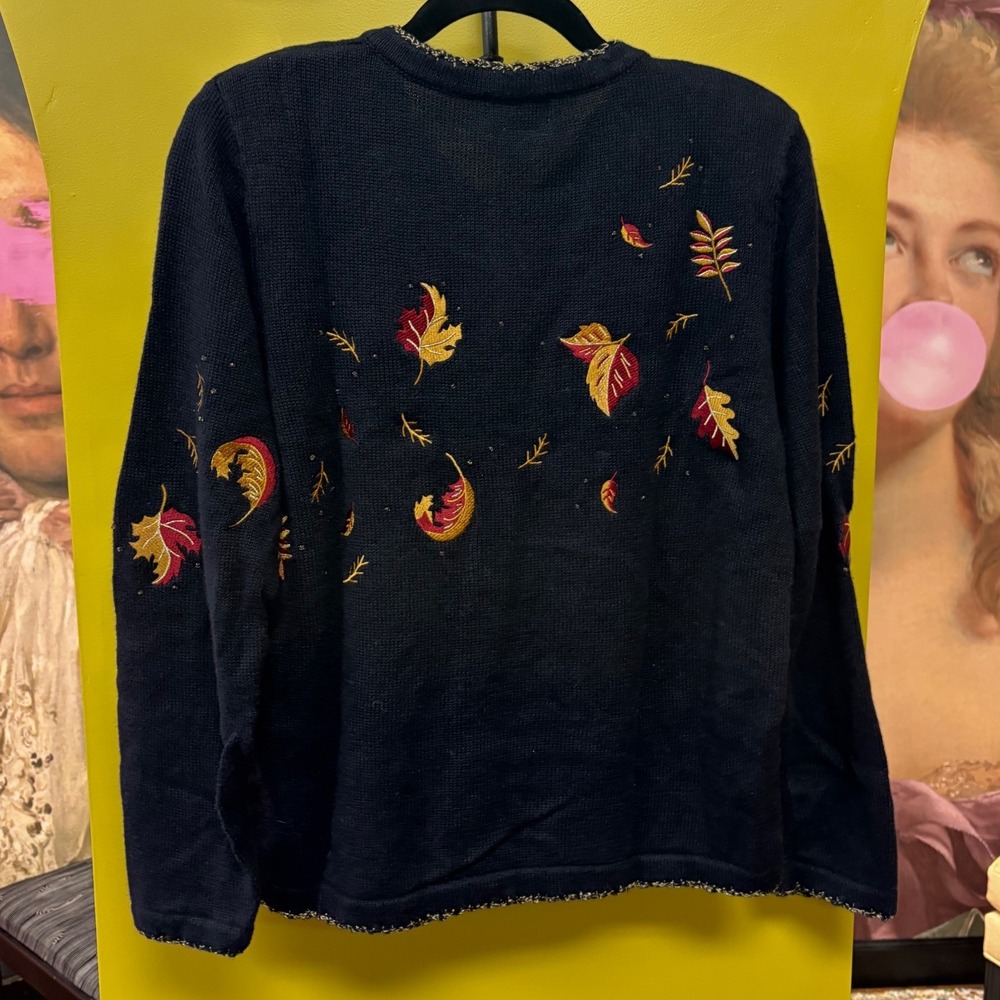 Christopher & Banks Vintage Hand Embroidered Leaf Cardigan Navy Blue Large Fall - Picture 7 of 8